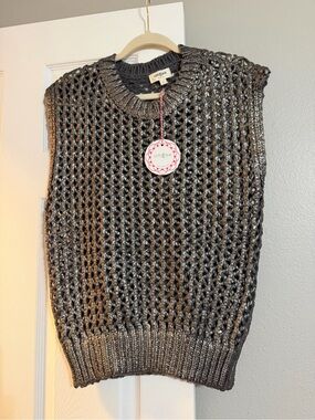 Umgee Charcoal Metallic Open-Knit Sleeveless Sweater Vest
